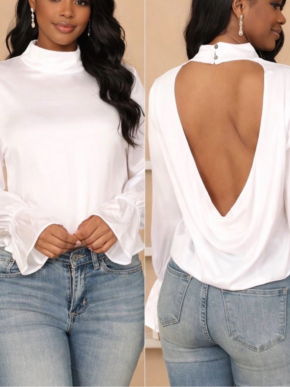 Olivaceous White Satin Mock Neck Blouse